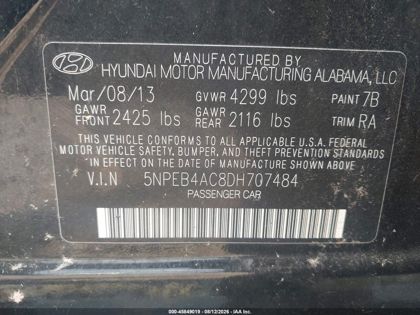 2013 HYUNDAI SONATA SEDAN 2.4L I-4 DI, DOHC, VVT, 198HP