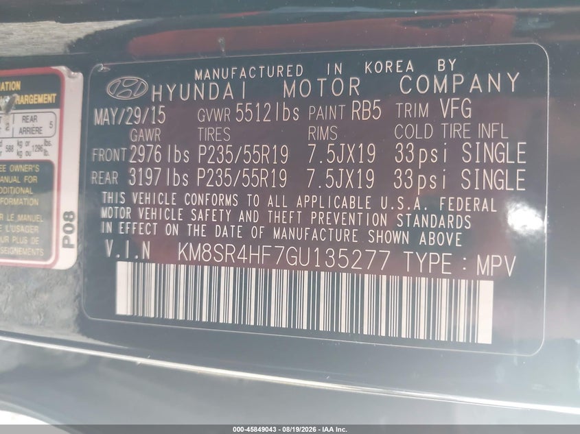 2016 HYUNDAI SANTA FE SPORT UTILITY VEHICLE 3.3L V-6 DI, DOHC, VVT, 290HP
