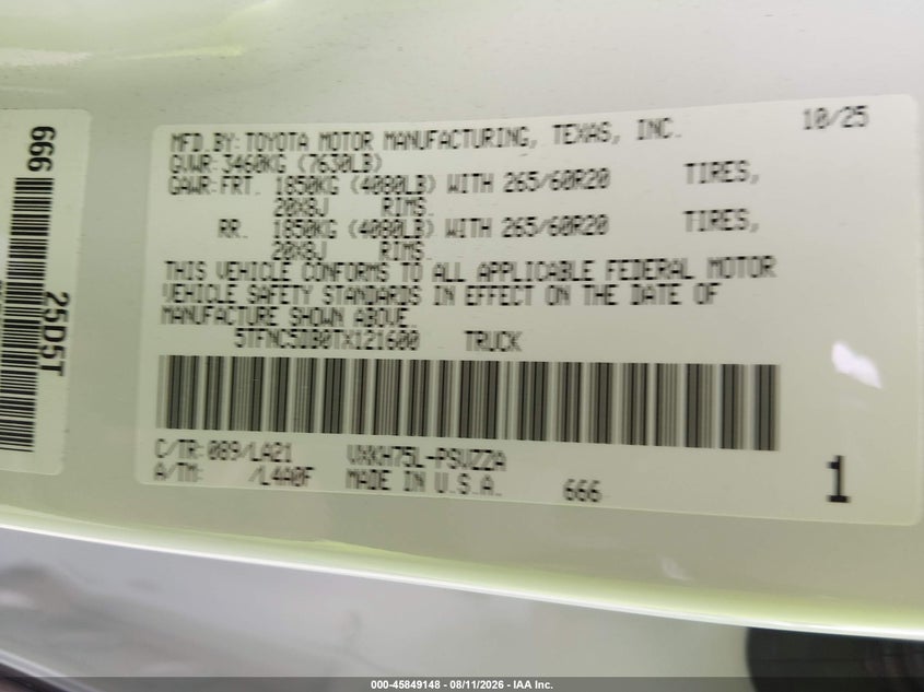 TOYOTA TUNDRA HYBRID 2026 VIN 5TFNC5DB0TX121600