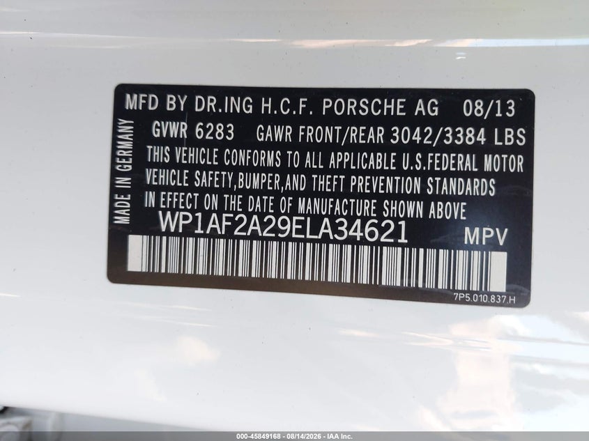 PORSCHE CAYENNE 2014 VIN WP1AF2A29ELA34621