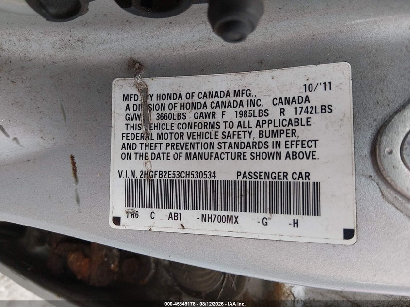 2012 HONDA CIVIC SEDAN 1.8L I-4 VVT, 140HP