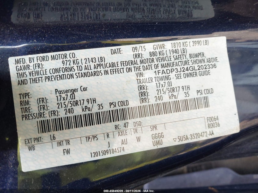 FORD FOCUS 2016 VIN 1FADP3J24GL202336