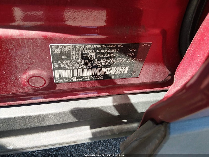 2019 TOYOTA RAV 4 SPORT UTILITY VEHICLE 2.5L I-4 DI, DOHC, VVT, 203HP