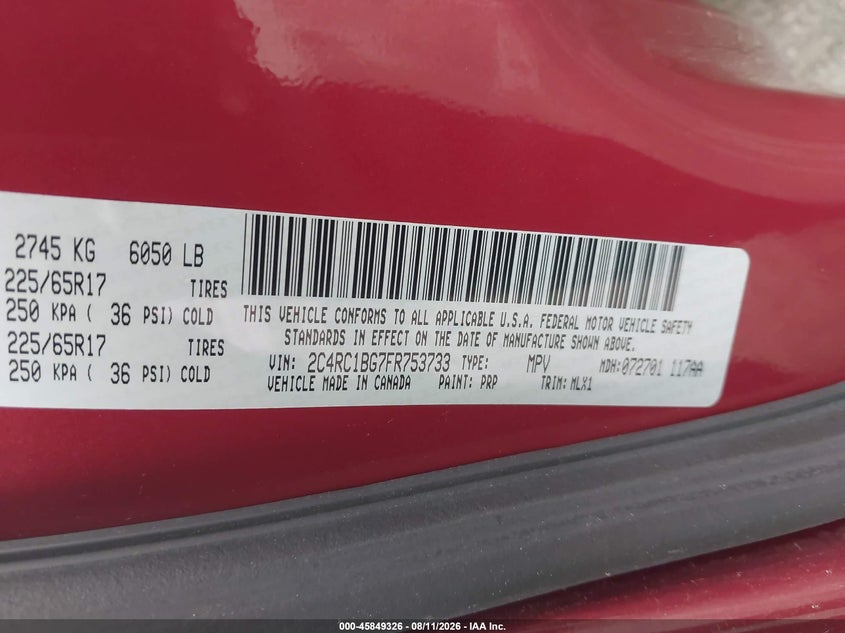 CHRYSLER TOWN & COUNTRY 2015 VIN 2C4RC1BG7FR753733