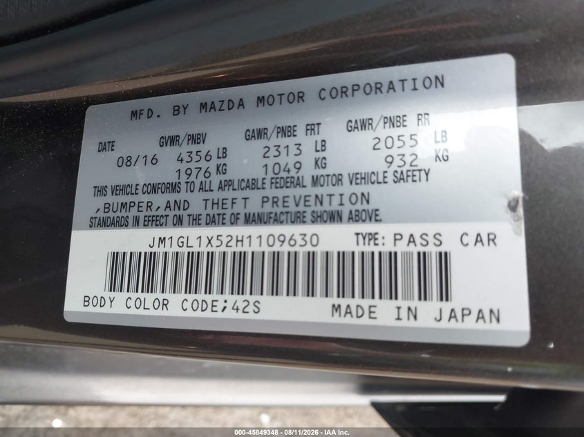 2017 MAZDA 6 SEDAN 2.5L I-4 DI, DOHC, VVT, 184HP