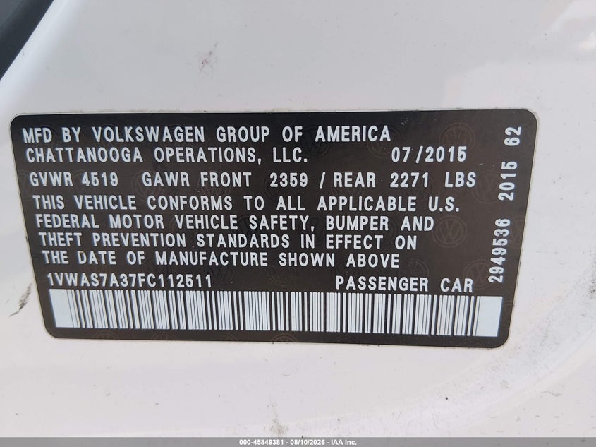 VOLKSWAGEN PASSAT 2015 VIN 1VWAS7A37FC112511