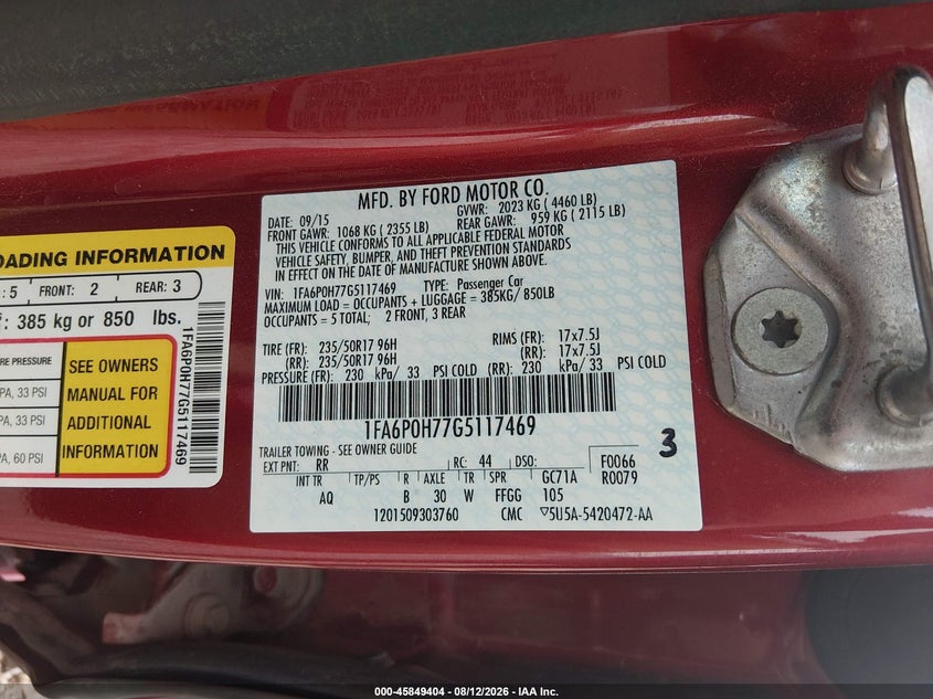 FORD FUSION 2016 VIN 1FA6P0H77G5117469
