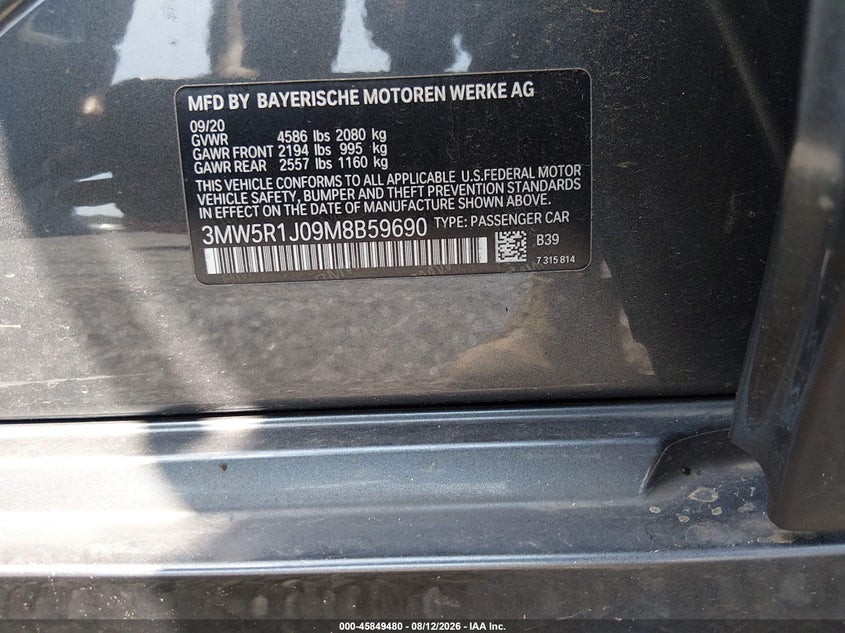 BMW 330I 2021 VIN 3MW5R1J09M8B59690