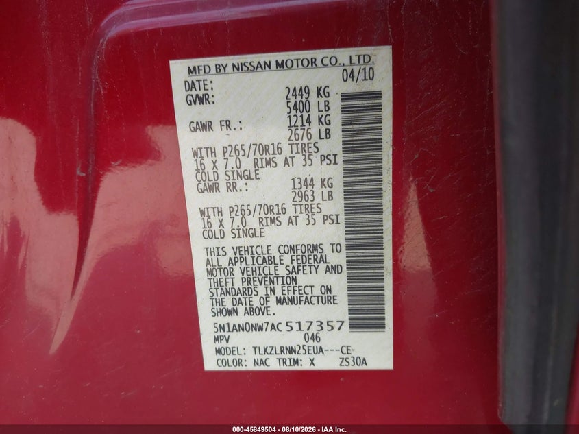NISSAN XTERRA 2010 VIN 5N1AN0NW7AC517357