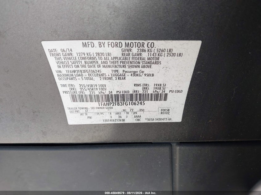 FORD TAURUS 2015 VIN 1FAHP2F83FG106245