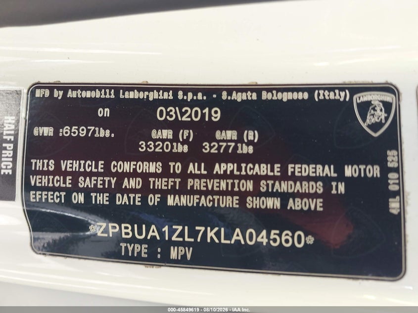 LAMBORGHINI URUS 2019 VIN ZPBUA1ZL7KLA04560