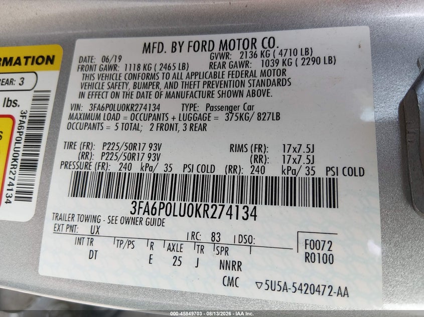 2019 FORD FUSION SEDAN 2.0L I-4 DOHC, VVT, 141HP