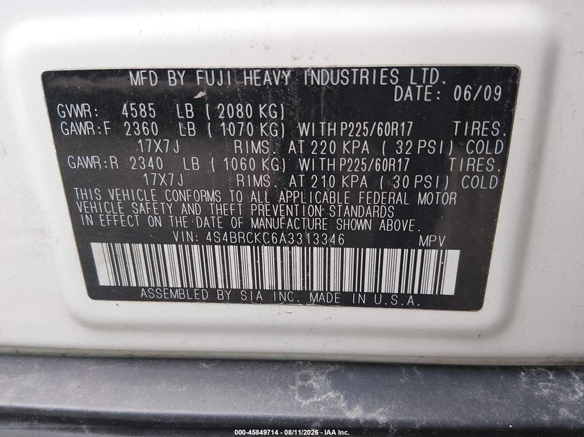2010 SUBARU OUTBACK SPORT UTILITY VEHICLE 2.5L H-4 VVT, 170HP