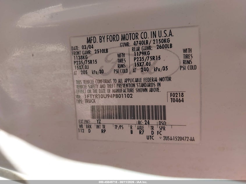 FORD RANGER 2004 VIN 1FTYR10U94PB01102