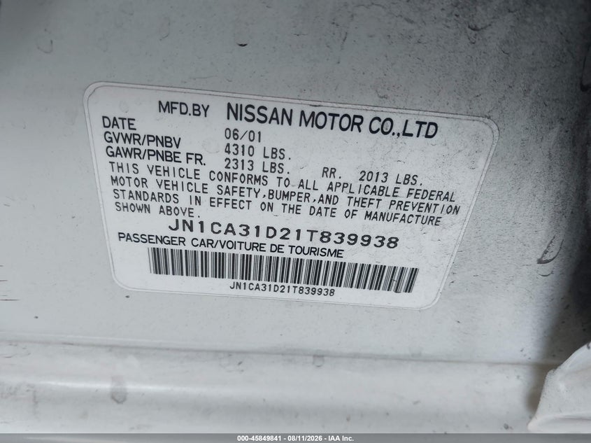 2001 NISSAN MAXIMA SEDAN 3.0L V-6 DOHC, 222HP