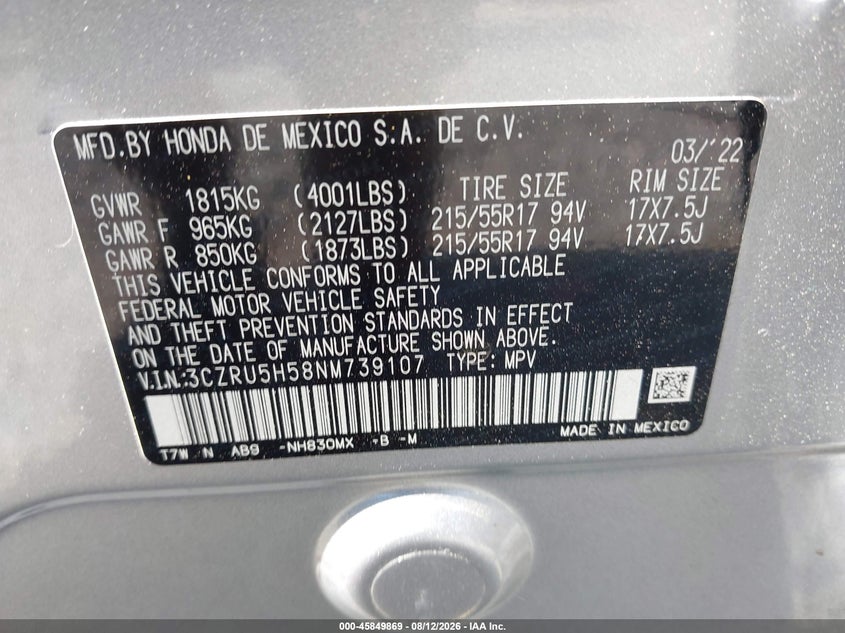 HONDA HR-V 2022 VIN 3CZRU5H58NM739107