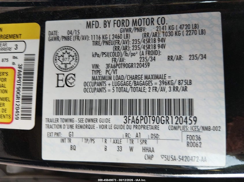 FORD FUSION 2016 VIN 3FA6P0T90GR120459