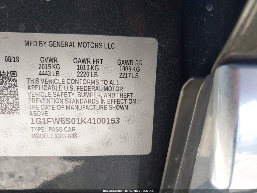 CHEVROLET BOLT EV 2019 VIN 1G1FW6S01K4100153