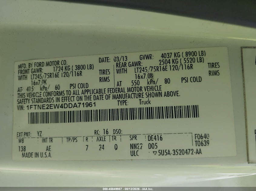 FORD E-250 2013 VIN 1FTNE2EW4DDA71961