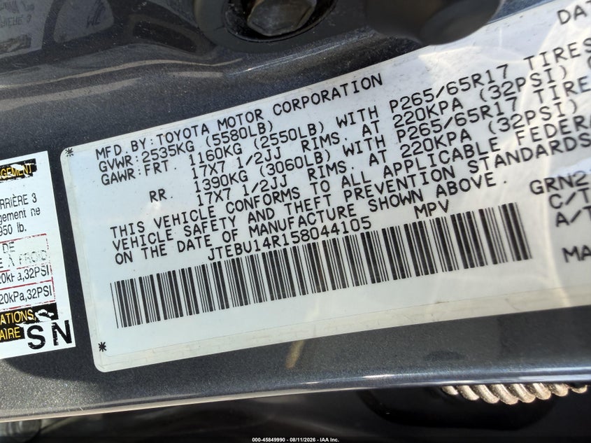 2005 TOYOTA 4RUNNER SPORT UTILITY VEHICLE 4.0L V-6 DOHC, VVT, 245HP