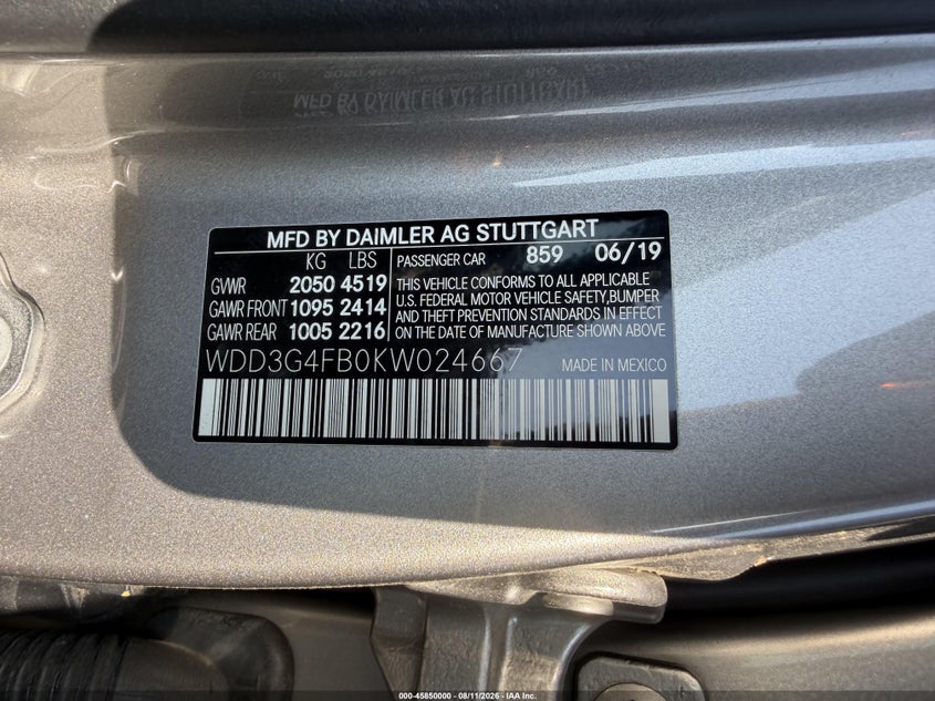 MERCEDES-BENZ A 220 2019 VIN WDD3G4FB0KW024667