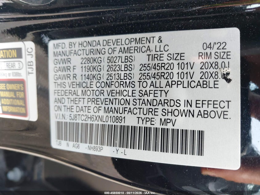ACURA RDX 2022 VIN 5J8TC2H6XNL010891