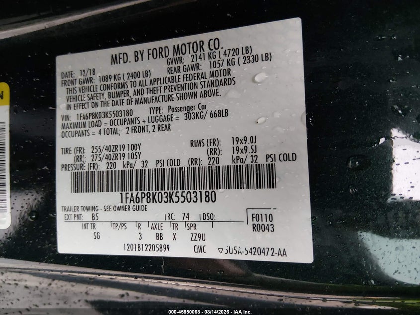 FORD MUSTANG 2019 VIN 1FA6P8K03K5503180