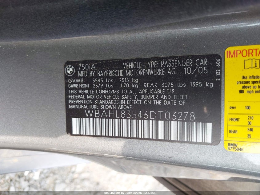 BMW 750I 2006 VIN WBAHL83546DT03278