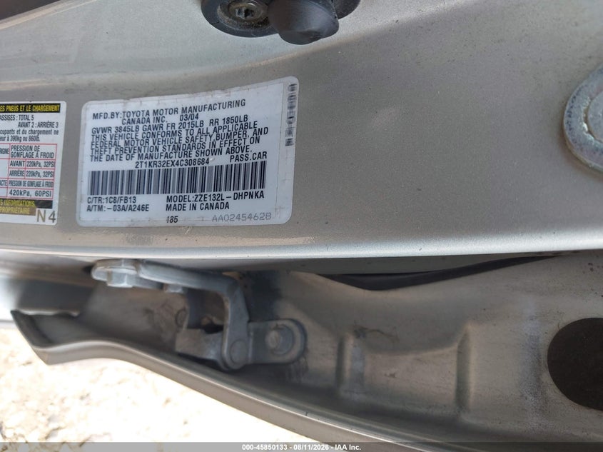 TOYOTA MATRIX 2004 VIN 2T1KR32EX4C308684