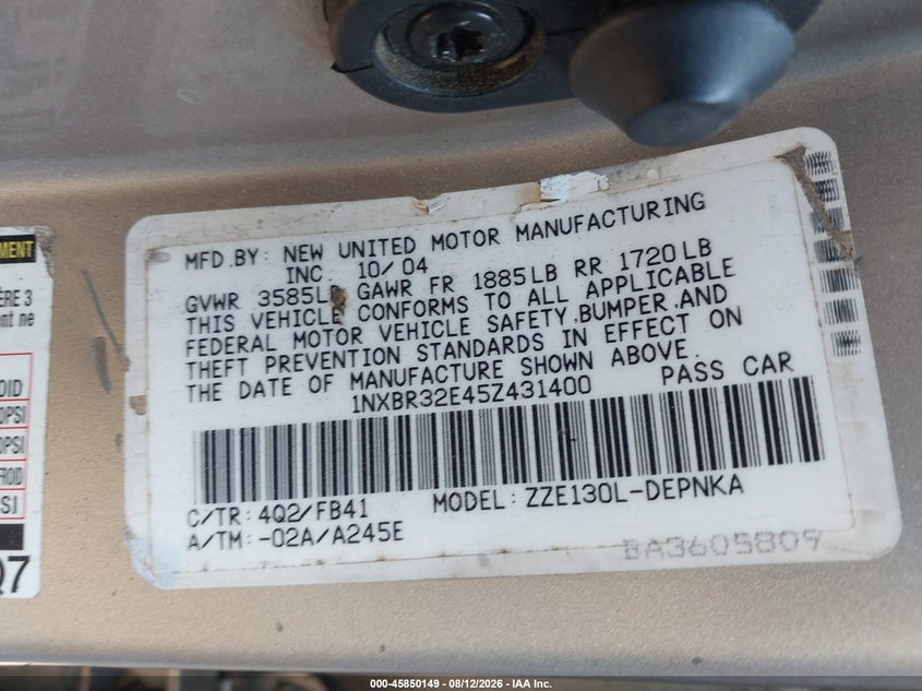 2005 TOYOTA COROLLA SEDAN 1.8L I-4 DOHC, VVT, 130HP