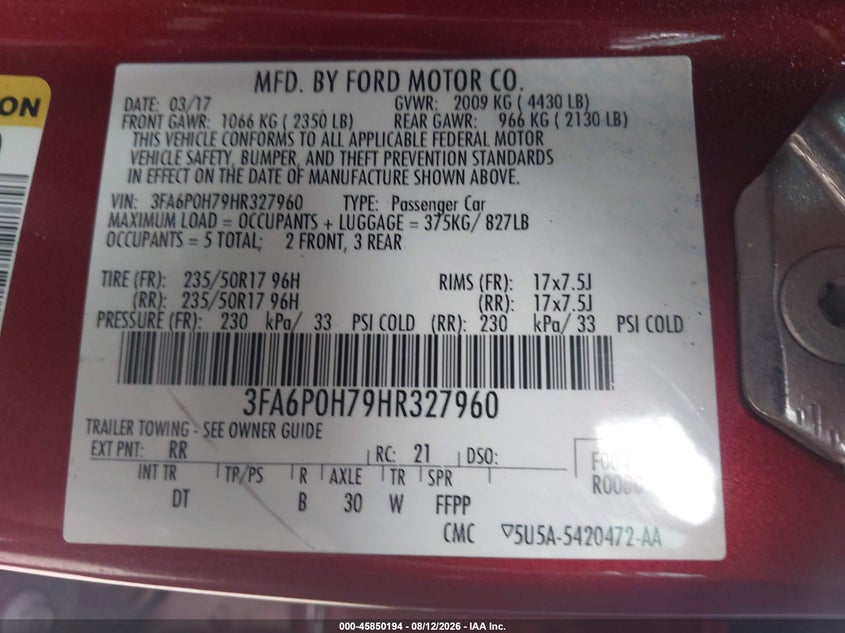 FORD FUSION 2017 VIN 3FA6P0H79HR327960