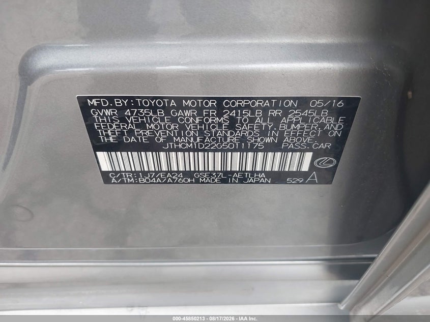 2016 LEXUS IS SEDAN 3.5L V-6 DI, DOHC, VVT, 255HP
