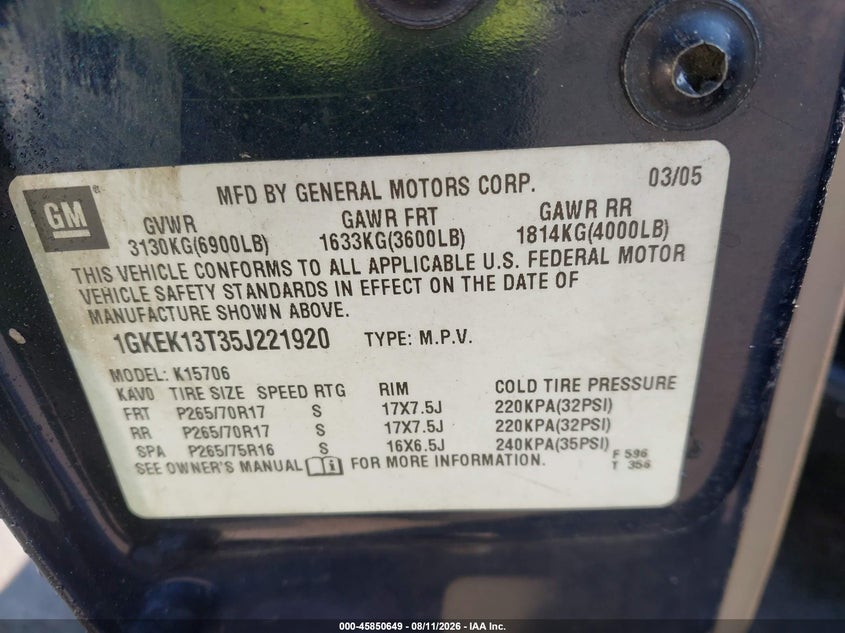 GMC YUKON 2005 VIN 1GKEK13T35J221920
