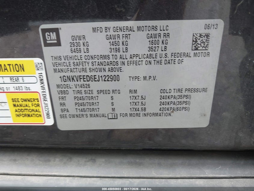 CHEVROLET TRAVERSE 2014 VIN 1GNKVFED6EJ122900