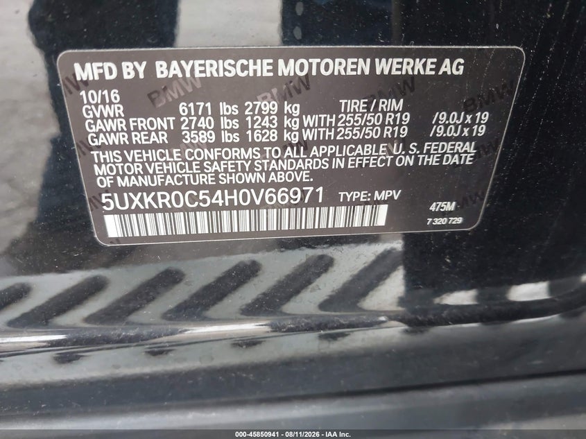 BMW X5 2017 VIN 5UXKR0C54H0V66971