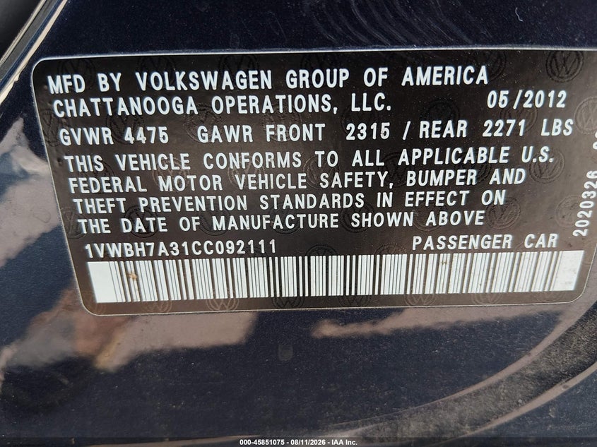 VOLKSWAGEN PASSAT 2012 VIN 1VWBH7A31CC092111