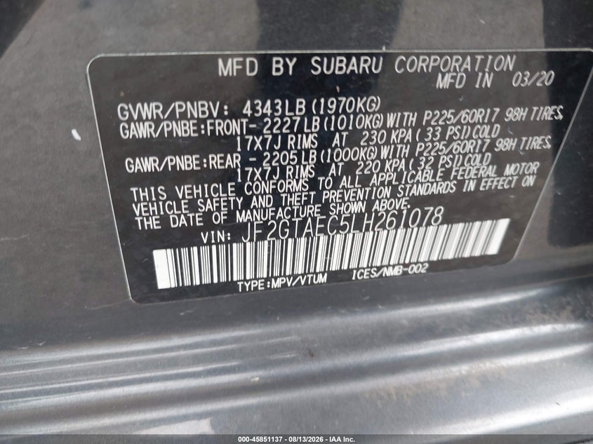SUBARU CROSSTREK 2020 VIN JF2GTAEC5LH261078