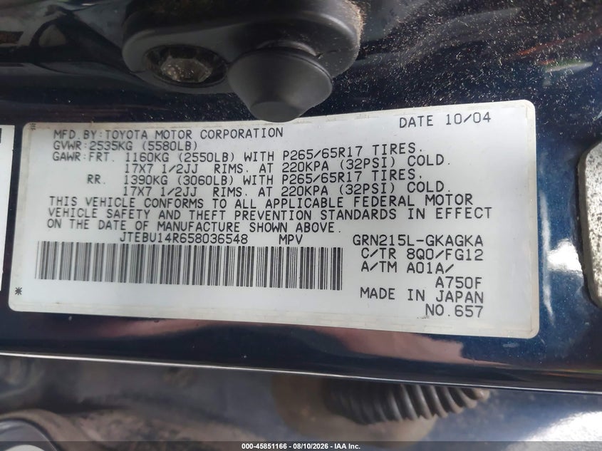TOYOTA 4RUNNER 2005 VIN JTEBU14R658036548