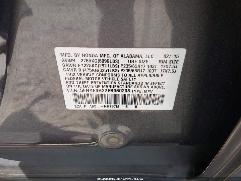 HONDA PILOT 2015 VIN 5FNYF4H22FB060208