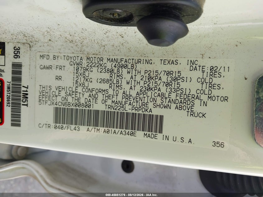 TOYOTA TACOMA 2011 VIN 5TFJX4CN6BX008001
