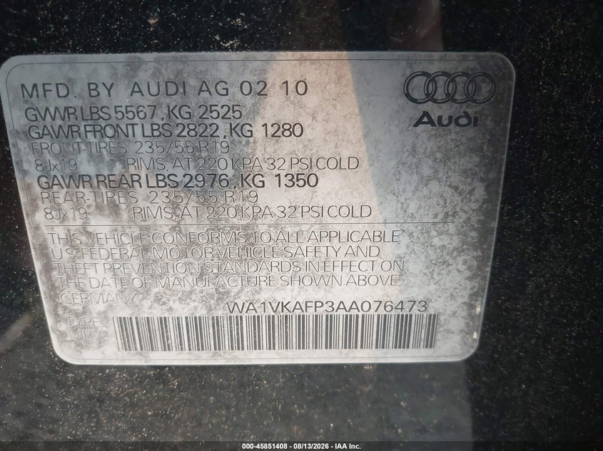 AUDI Q5 2010 VIN WA1VKAFP3AA076473