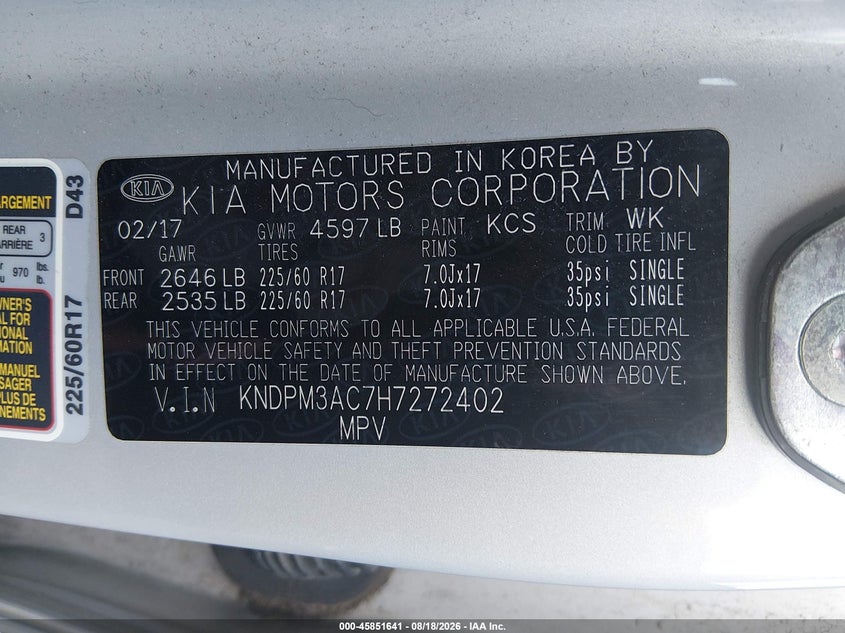 KIA SPORTAGE 2017 VIN KNDPM3AC7H7272402