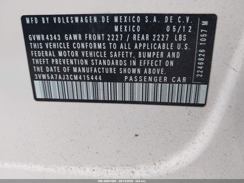 2012 VOLKSWAGEN JETTA SEDAN 2.0L I-4 DI, DOHC, VVT, TURBO, 200HP