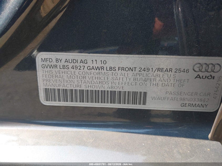AUDI A4 2011 VIN WAUFFAFL9BN033842