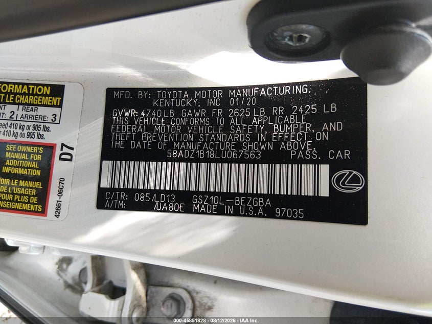 LEXUS ES 350 2020 VIN 58ADZ1B18LU067563