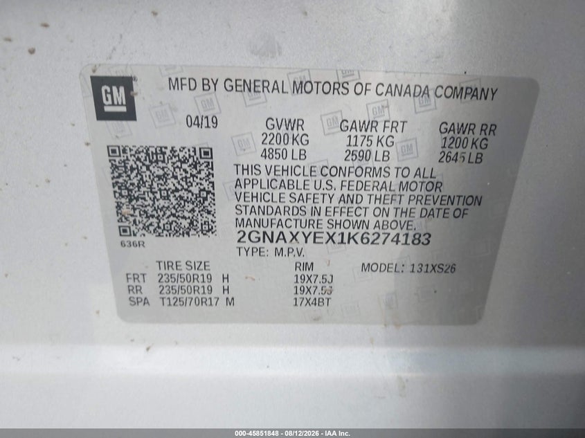 2019 CHEVROLET EQUINOX SPORT UTILITY VEHICLE 2.0L I-4 DI, DOHC, VVT, TURBO, 252HP
