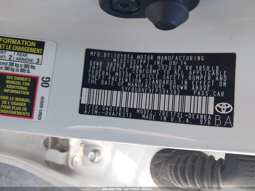 2015 TOYOTA COROLLA SEDAN 1.8L I-4 DOHC, VVT, 132HP