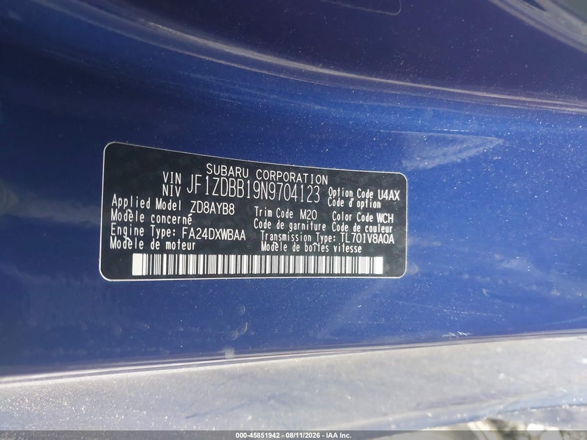 SUBARU BRZ 2022 VIN JF1ZDBB19N9704123