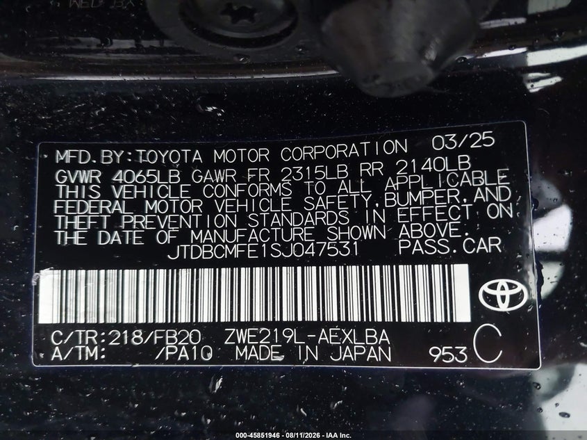 2025 TOYOTA COROLLA SEDAN 1.8L I-4 DOHC, VVT, 96HP