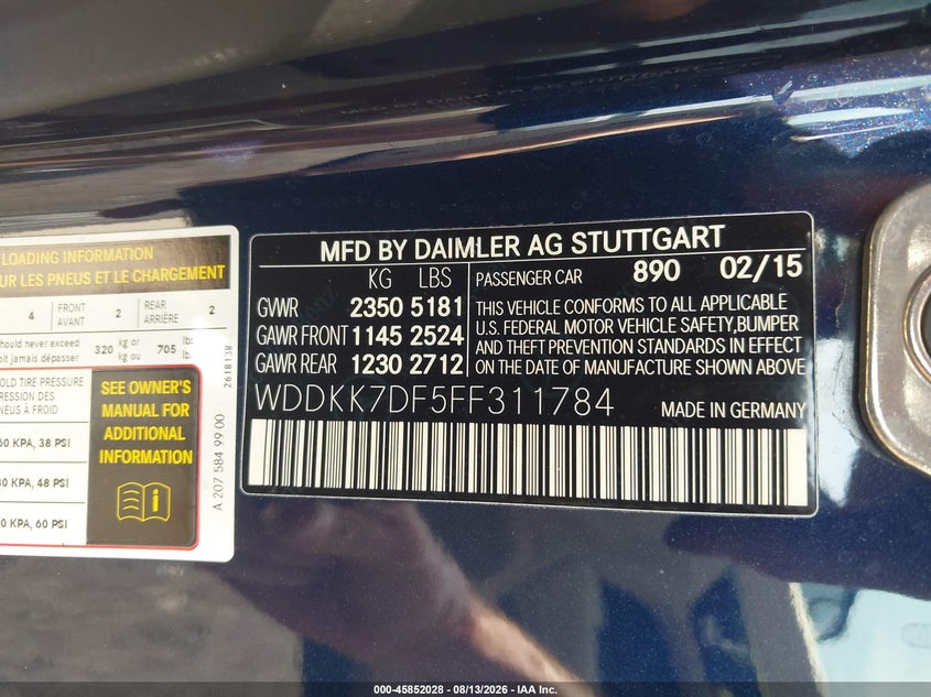 MERCEDES-BENZ E 550 2015 VIN WDDKK7DF5FF311784